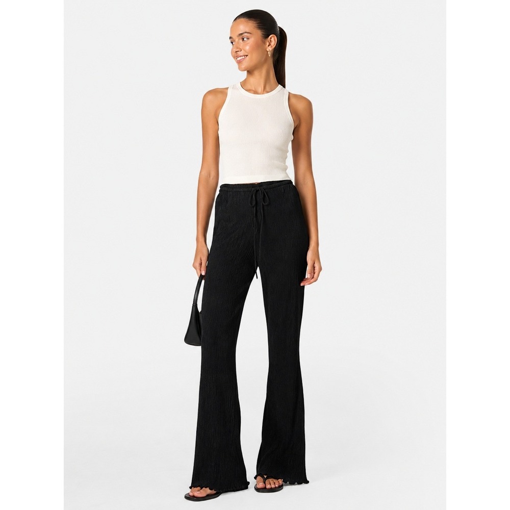Zara Black Plisse Textured Flare Leg Drawstring Straight Minimalist Pants‎ L